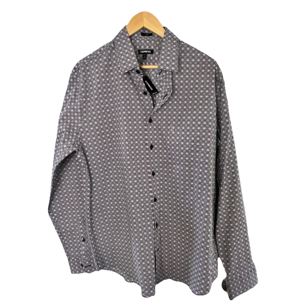 Express Slim Shirt Men's L (16-16 1/2) Black Purple Geometric Long Sleeve NEW